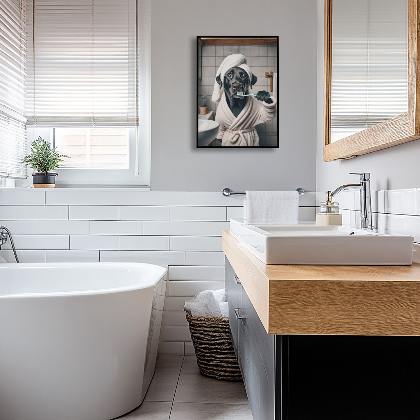 Poster Labrador noir en peignoir, cadre noir au-dessus d'une baignoire îlot, carrelage métro blanc