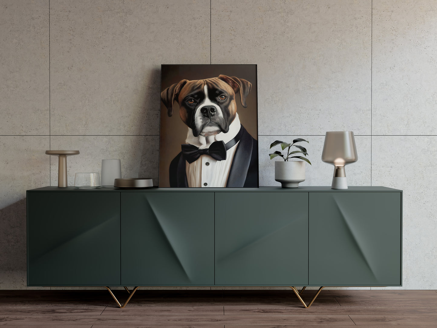 Boxer in tuxedo poster resting on a dark green sideboard with a lamp and vases