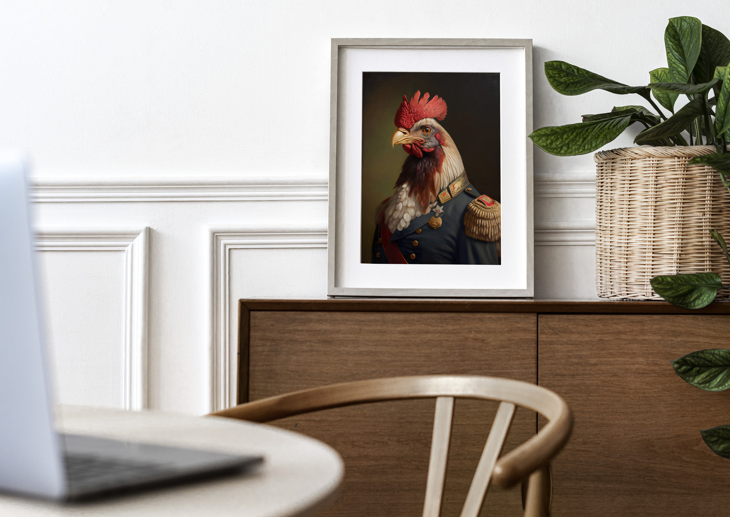Poster coq officier, cadre bois clair et passe-partout, posé sur un buffet en bois