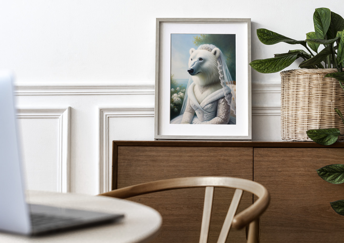 Polar bear bride poster in a natural wood frame with mat on a wooden sideboard near a plant