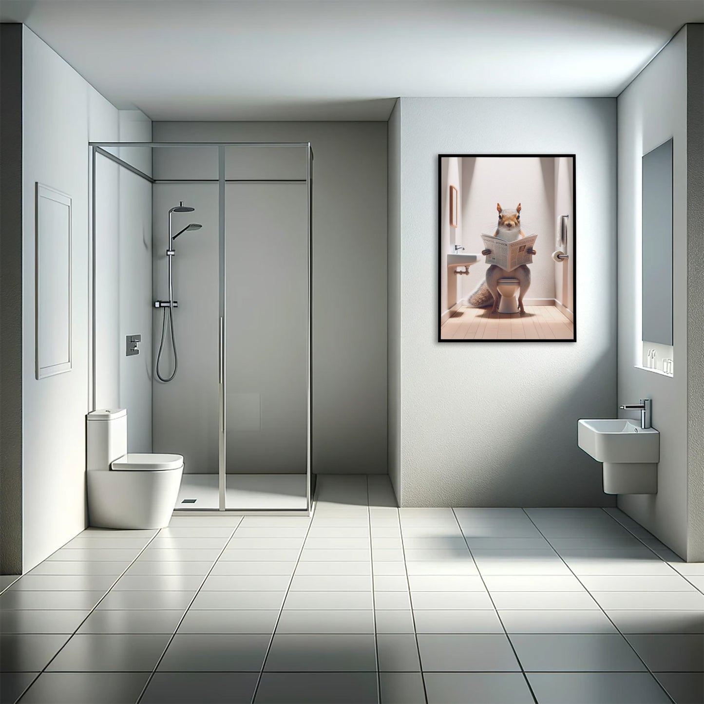 Poster écureuil lisant le journal en cadre noir dans une salle d'eau avec douche vitrée