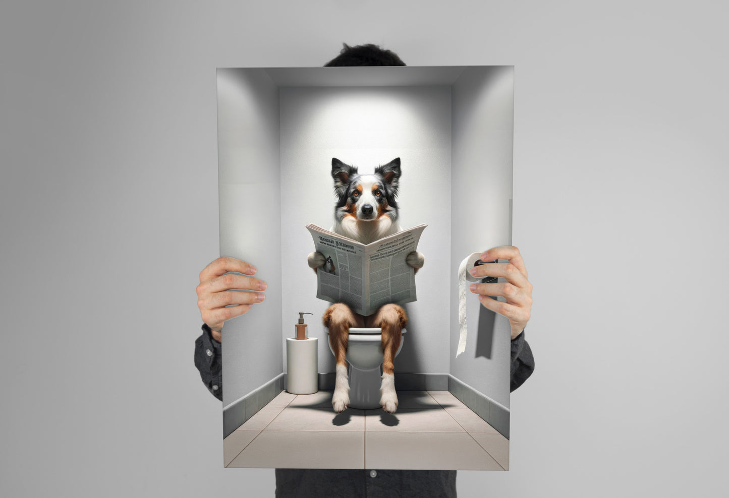 Poster Border Collie lisant le journal tenu à deux mains devant un mur gris