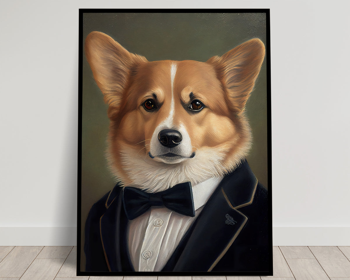 Portrait d'un corgi roux et blanc en smoking bleu nuit et nœud papillon, fond vert olive, poster Balthazart Studio