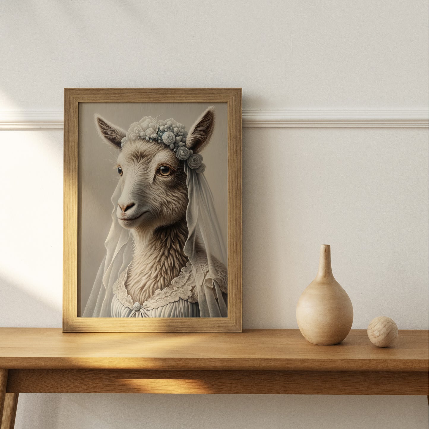 Goat in Wedding Dress Poster - Animal Wall Art Decor | Bride-Inspired Funny Unique Gift | Framed or Unframed Options