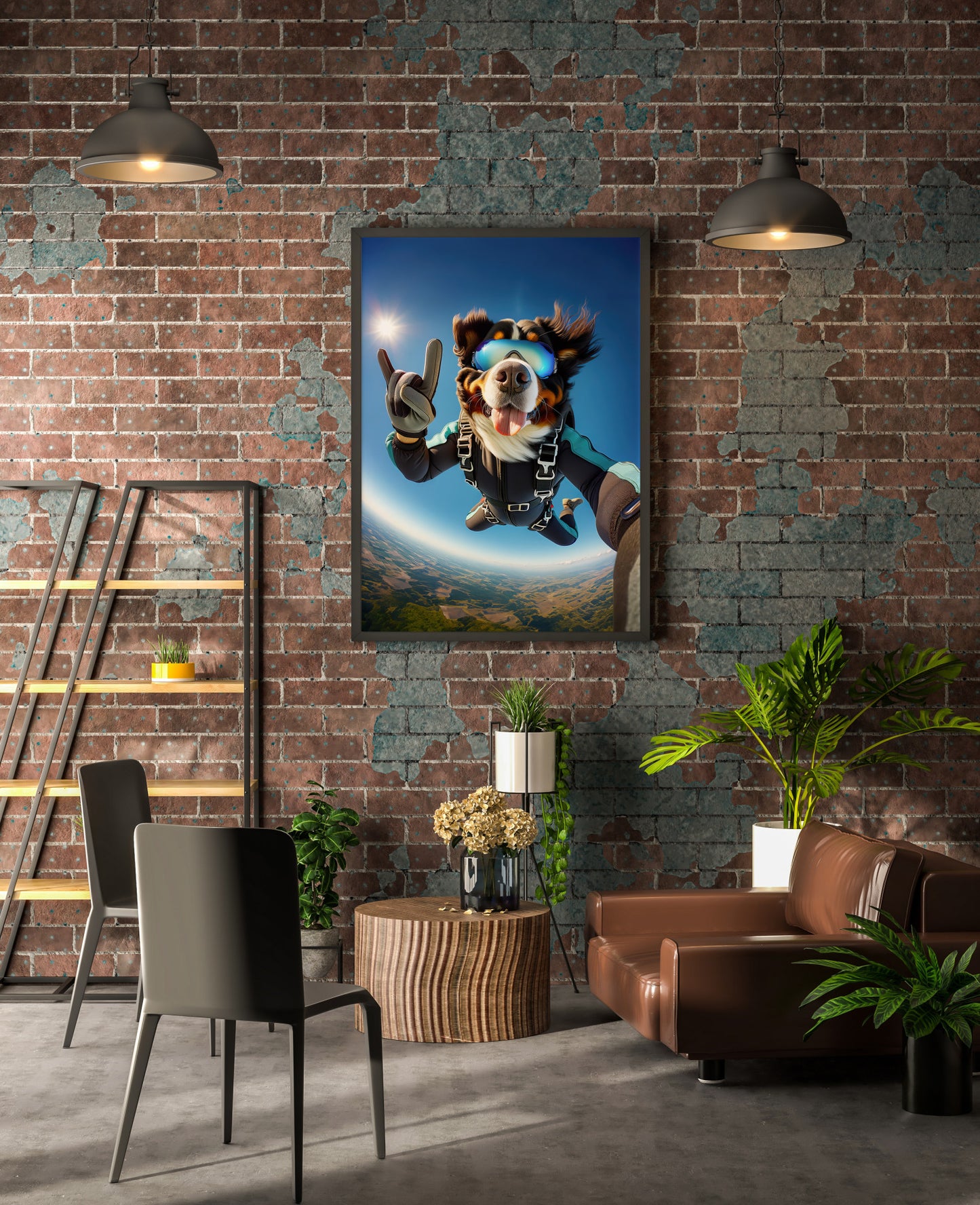 Poster Bouvier Bernois en chute libre en cadre noir sur un mur de briques, loft industriel avec suspensions et plantes