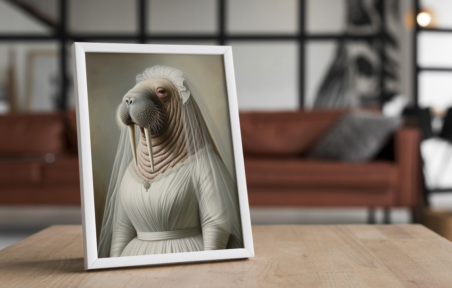 Walrus in wedding dress poster in a white frame on a wooden table, blurred living room behind