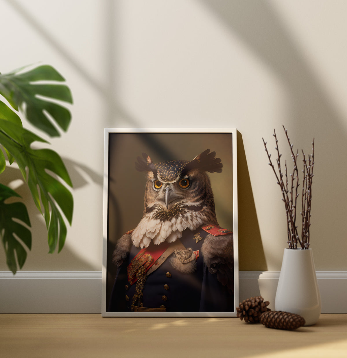 Poster hibou en uniforme, cadre blanc, posé au sol contre un mur beige ensoleillé, vase de branches et pommes de pin