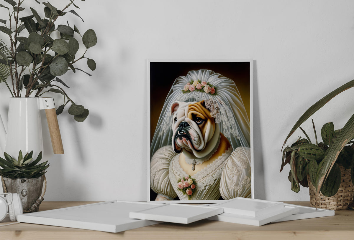 English Bulldog in wedding dress poster leaning on a console between eucalyptus and a potted plant