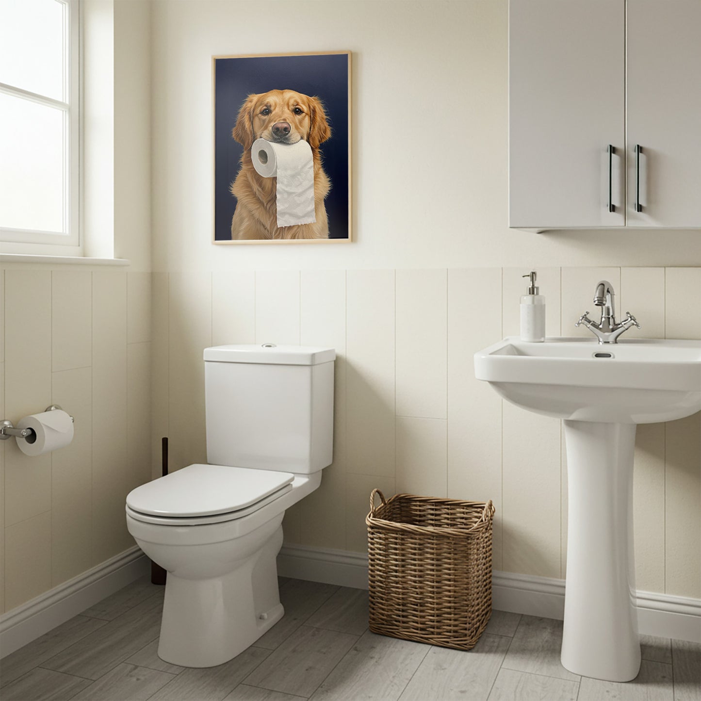 Toilettes à lambris blanc, poster golden retriever au papier toilette en cadre bois clair au-dessus de la cuvette