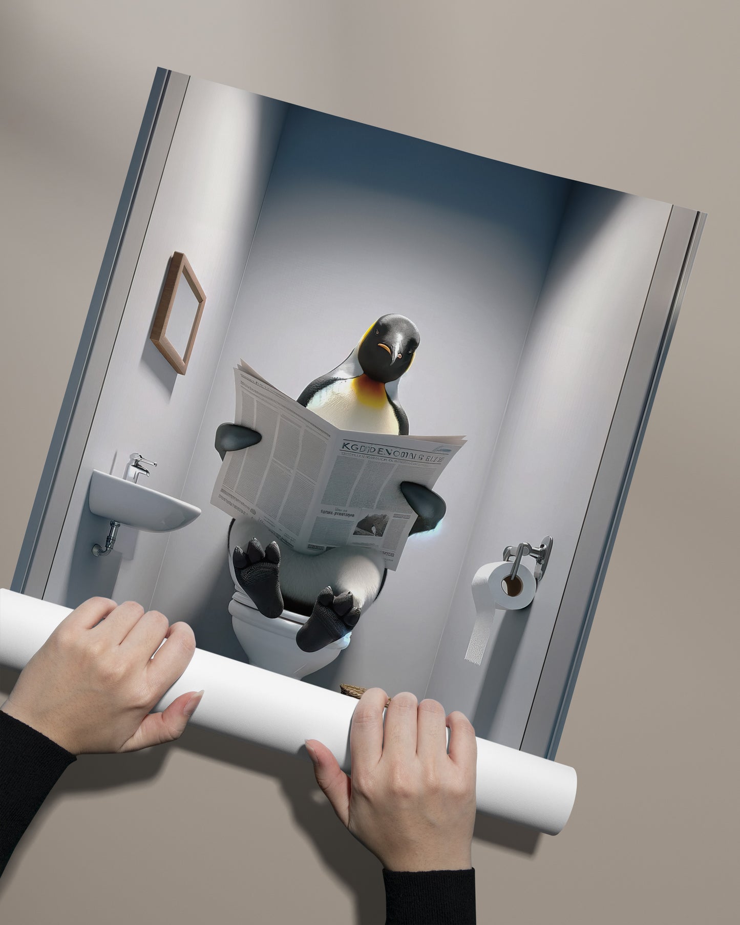 Poster Manchot empereur lisant le journal, Décor humour WC, Cadre déco Salle de bain, Poster Toilettes, Cadeau original
