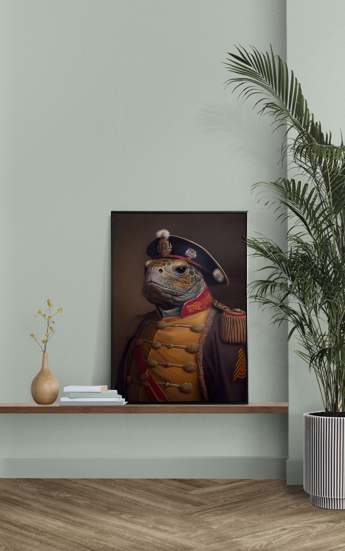 Turtle in uniform poster on a wall shelf against a sage green wall with a potted palm