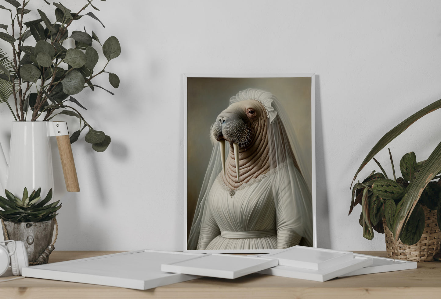 Walrus in wedding dress poster leaning on a console between eucalyptus and a potted plant