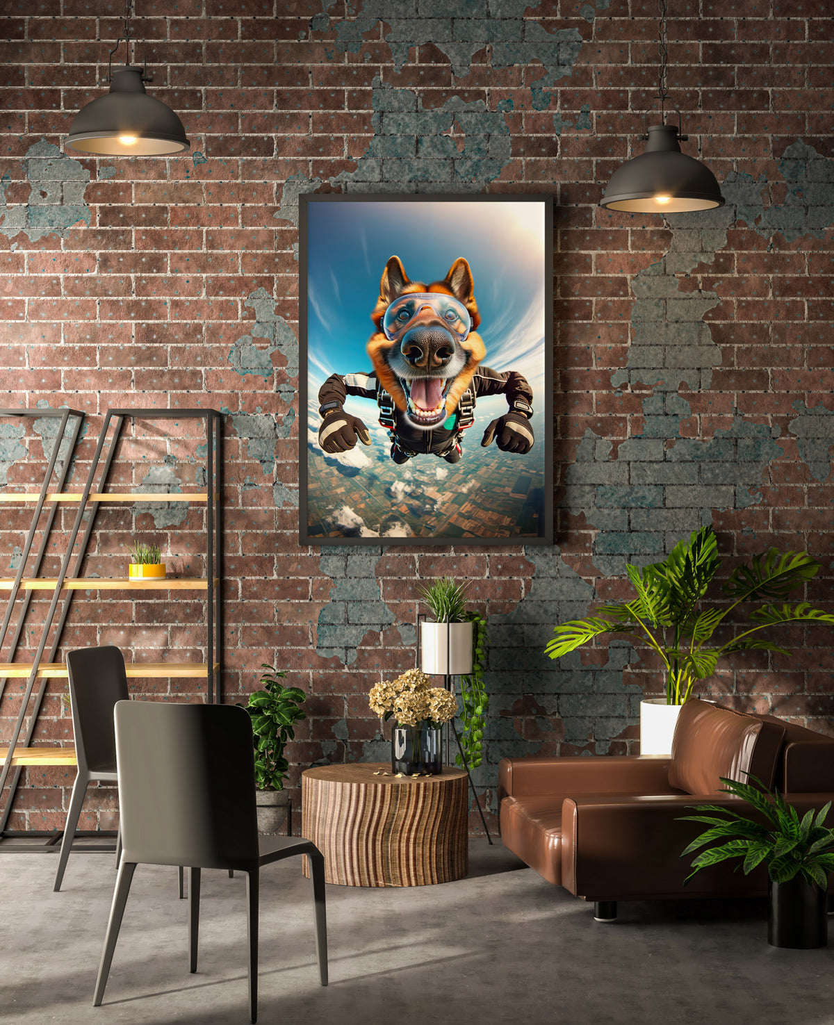 Poster Berger Allemand en chute libre en cadre noir sur un mur de briques, loft industriel avec suspensions et plantes