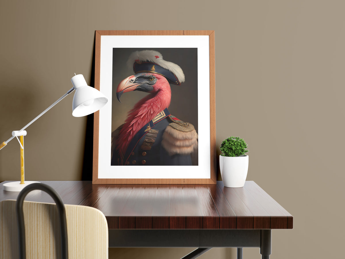 Poster flamant rose en uniforme militaire, cadre en bois et passe-partout, sur un bureau près d'une lampe blanche