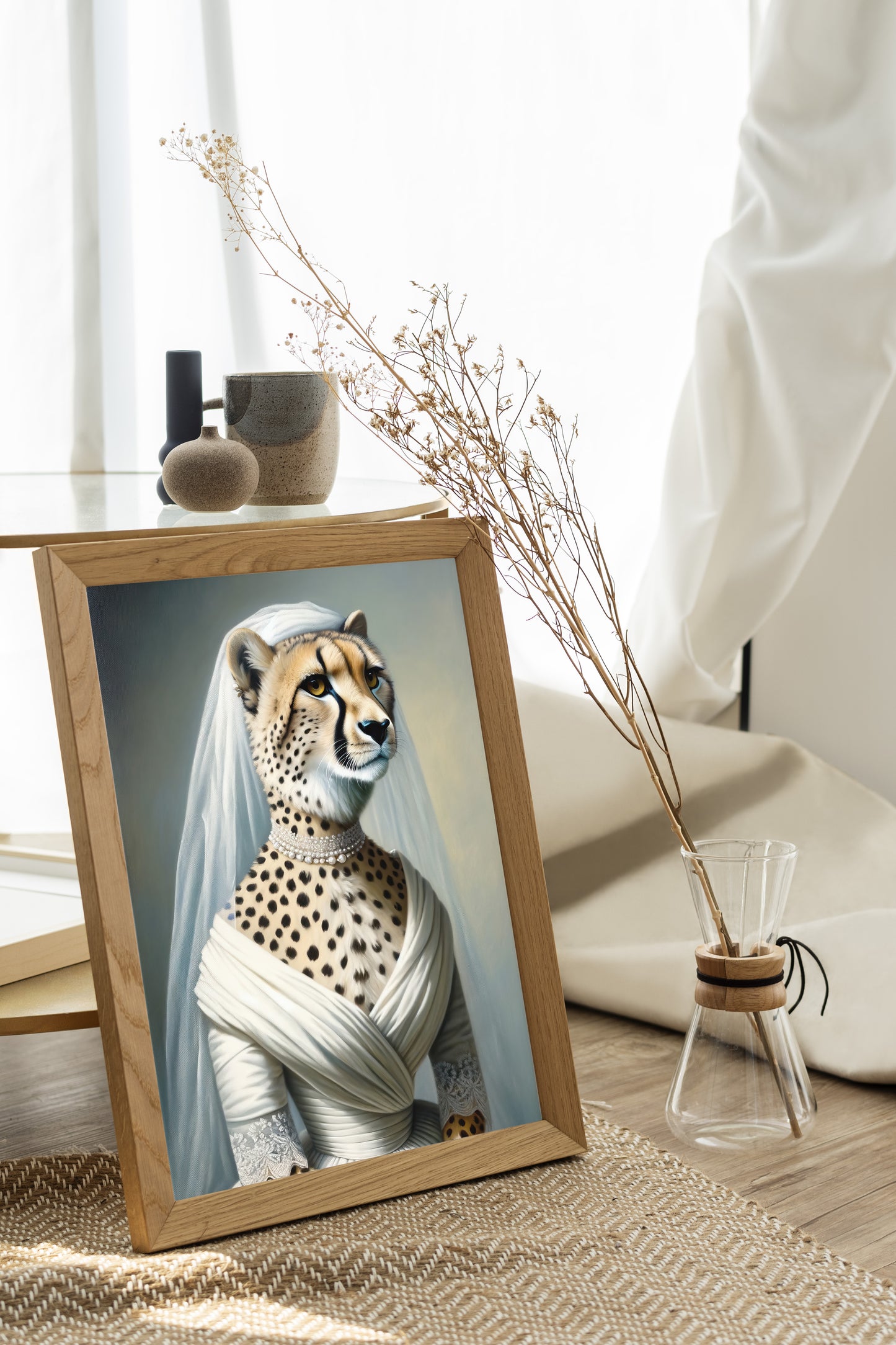 Cheetah bride poster in a natural wood frame on the floor by a window, dried flowers