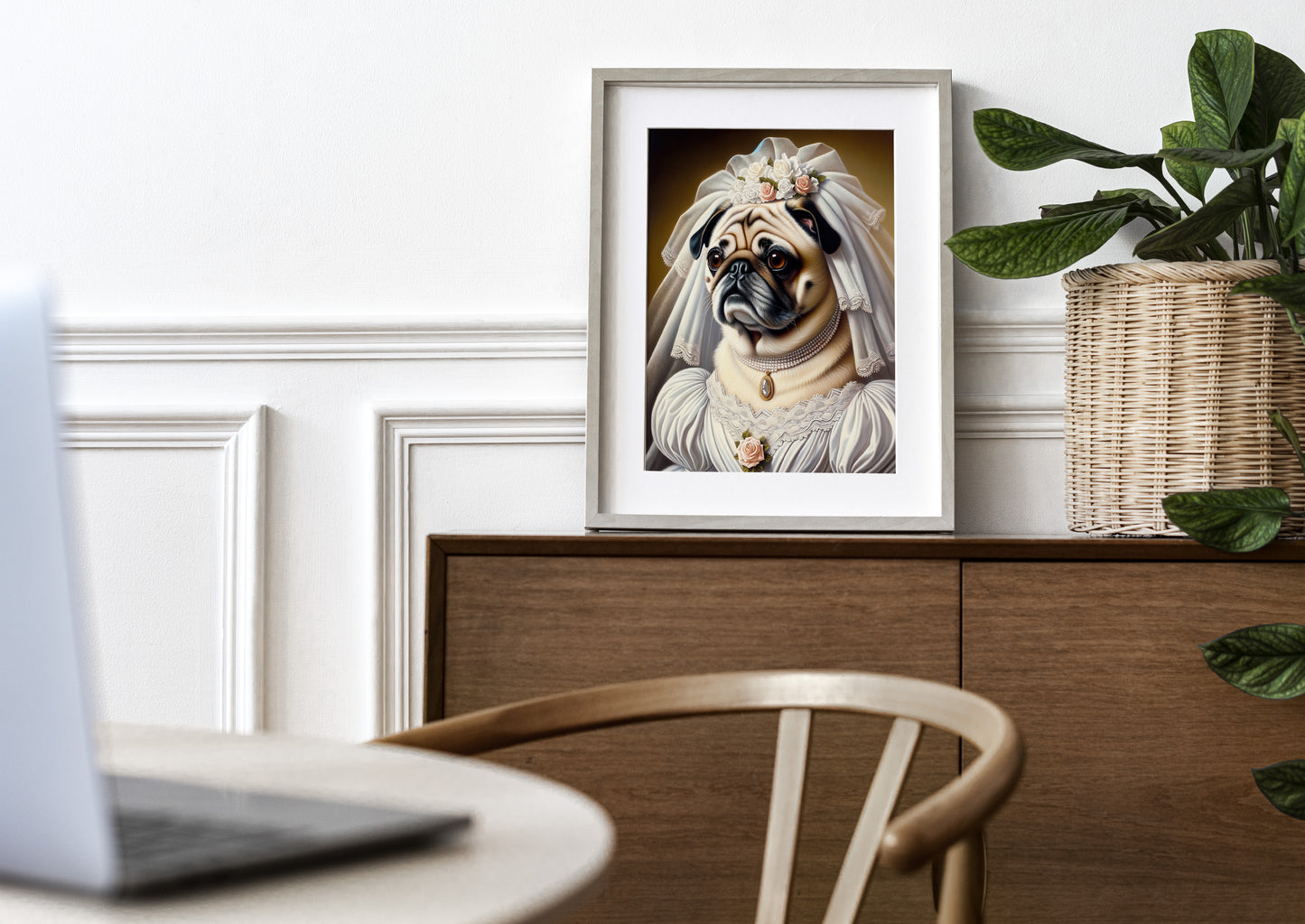 Funny Pug in Wedding Dress Poster - Unique Animal Bride Wall Art Decor for Dog Lovers - Perfect Gift