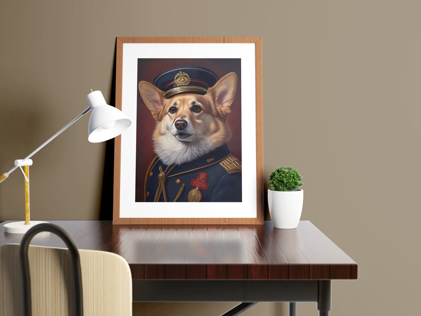 Poster corgi officier, cadre en bois et passe-partout, sur un bureau près d'une lampe blanche