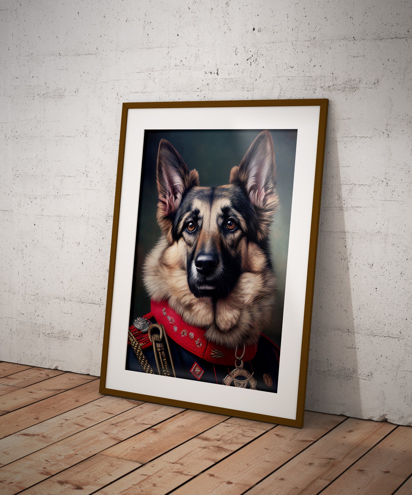 German Shepherd uniform poster in a dark wood frame with mat, on the floor against a brick wall