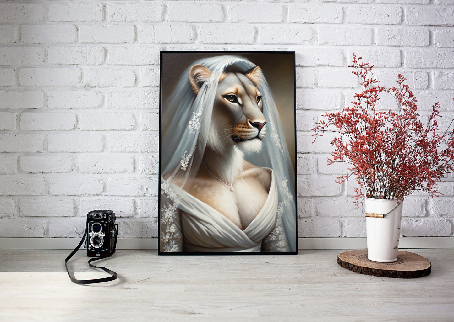 Poster lionne en robe de mariée, cadre noir devant un mur de briques blanches avec appareil photo et fleurs rouges
