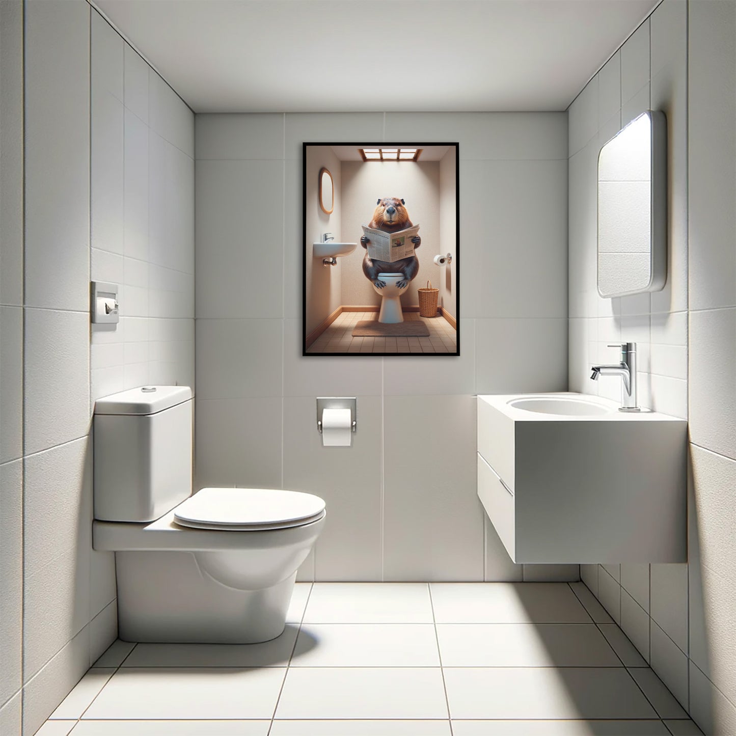 Poster Humour : Castor Lisant le Journal aux Toilettes, Décoration Salle de Bain, Cadeau Amusant, Art Mural WC