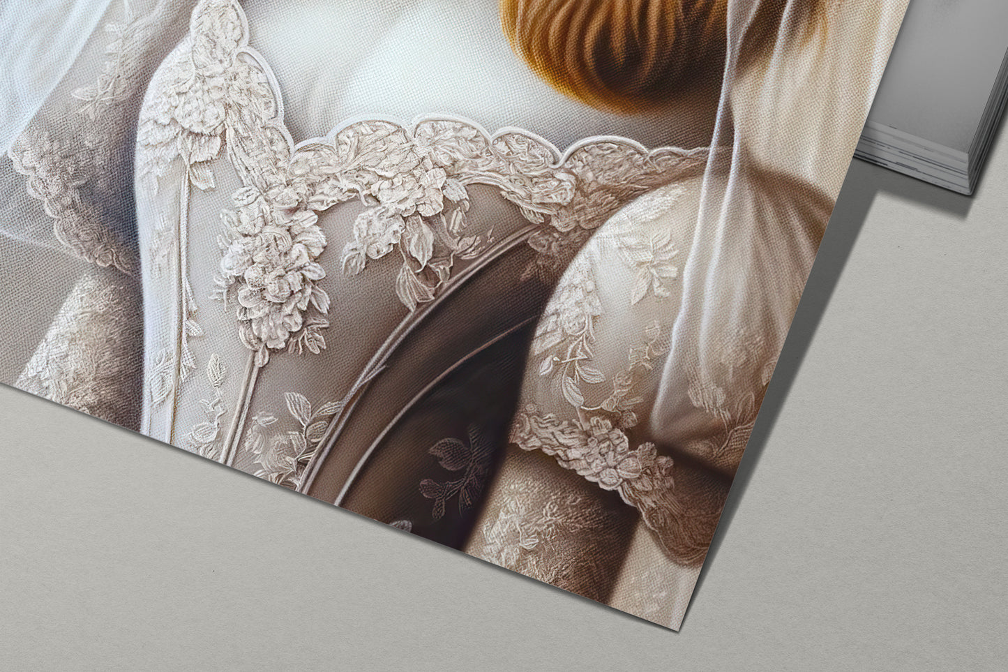 Détail du poster mariée Cavalier King Charles : corsage en dentelle et oreilles rousses