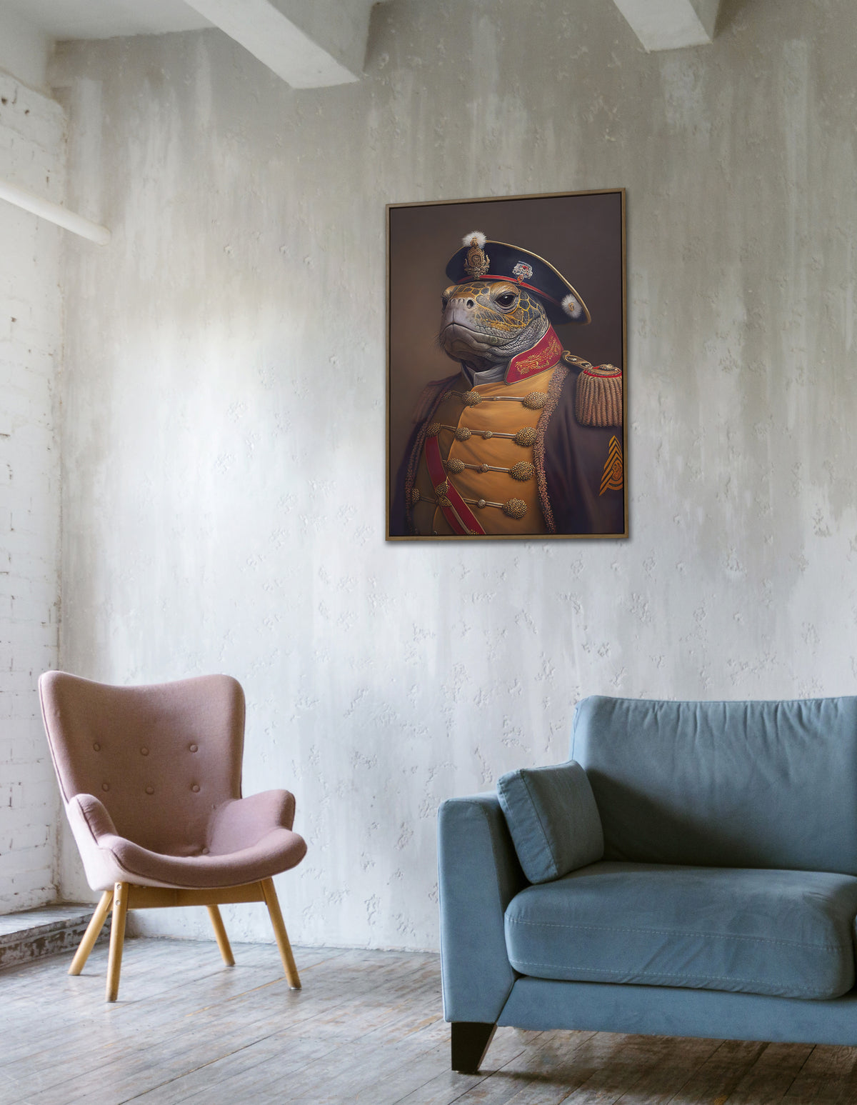 Turtle officer poster on a whitewashed wall above a pink armchair and a blue sofa