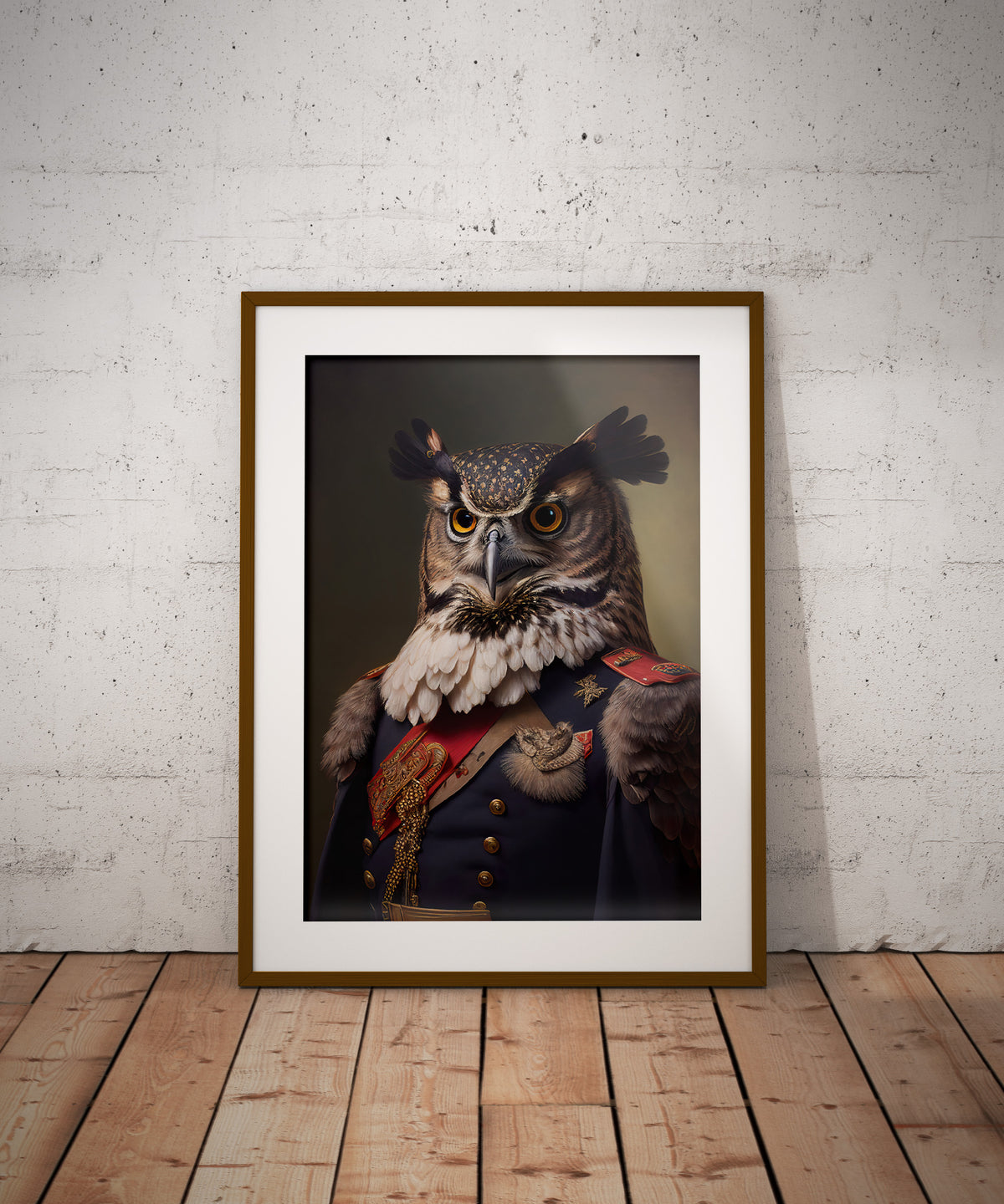 Poster hibou officier, cadre bois foncé et passe-partout, posé au sol contre un mur de briques blanches