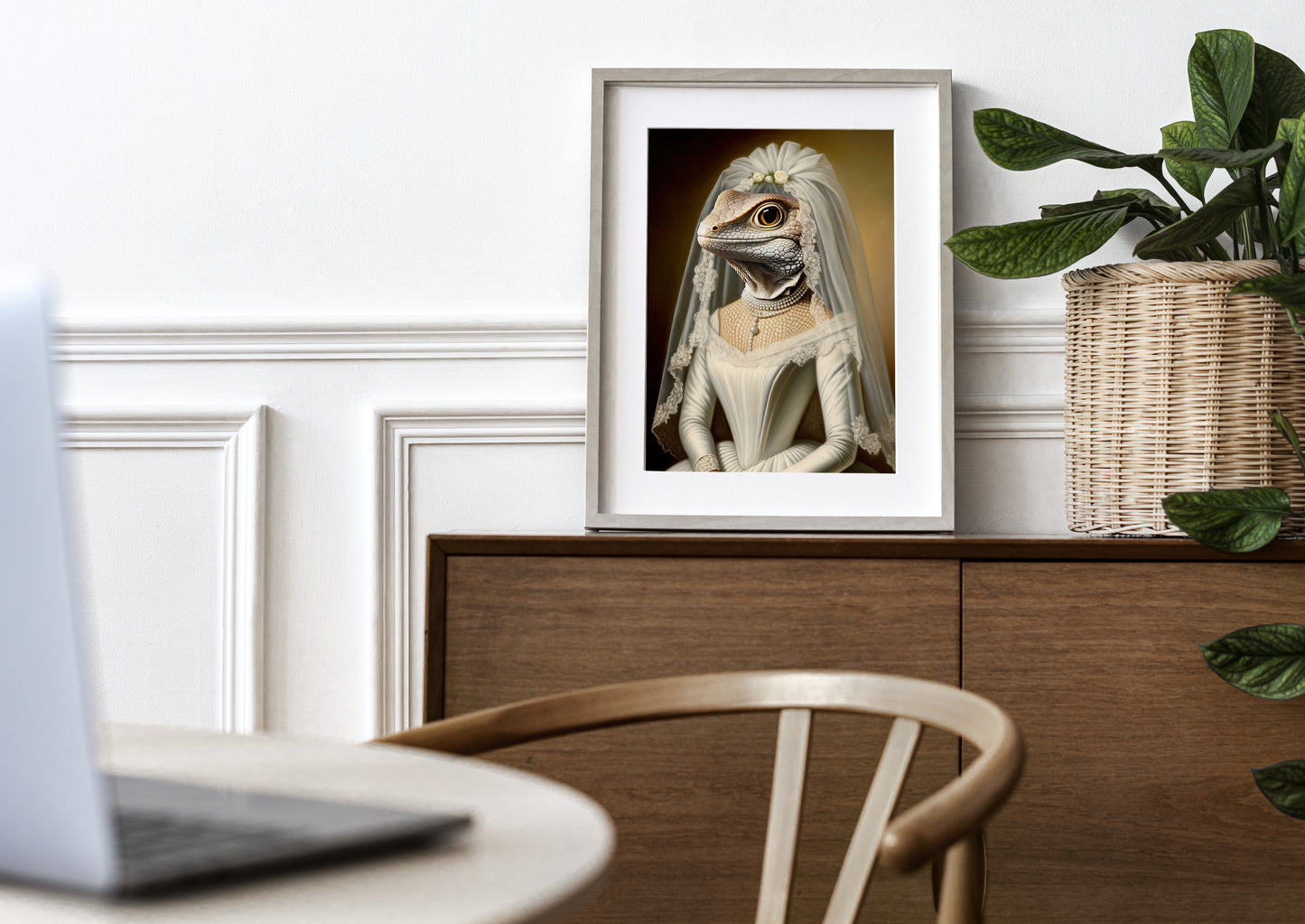 Poster lézard mariée, cadre bois clair et passe-partout sur un buffet en bois près d'une plante