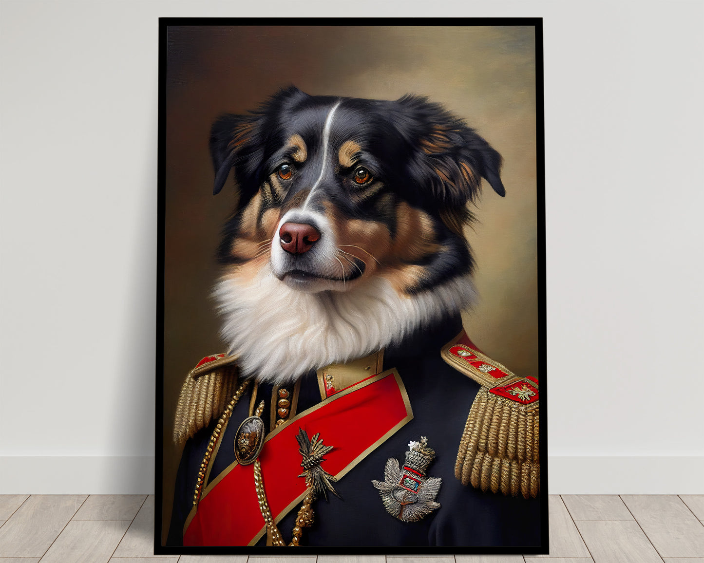 Portrait d'un berger australien en uniforme bleu marine, écharpe rouge et épaulettes dorées, poster Balthazart Studio