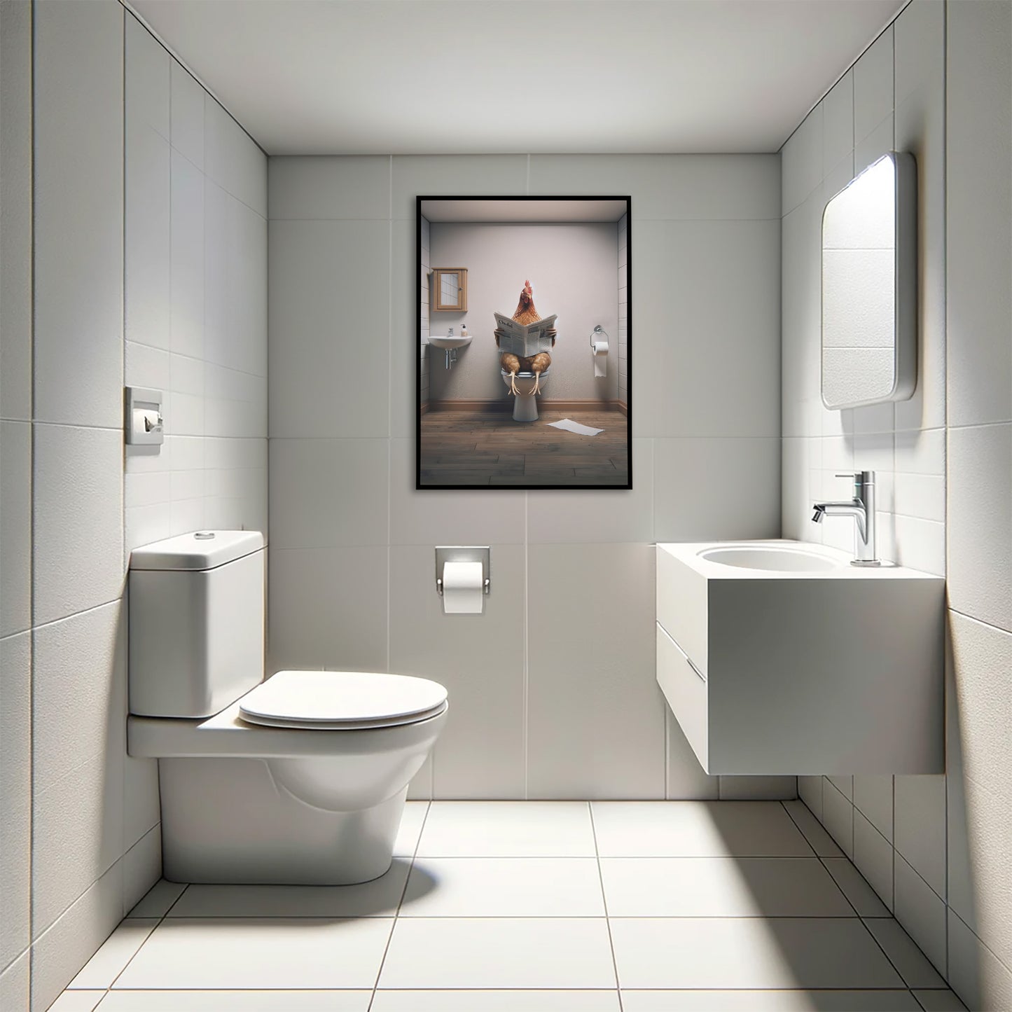 Poster poulet lisant le journal en cadre noir au-dessus d'un WC suspendu, toilettes carrelées