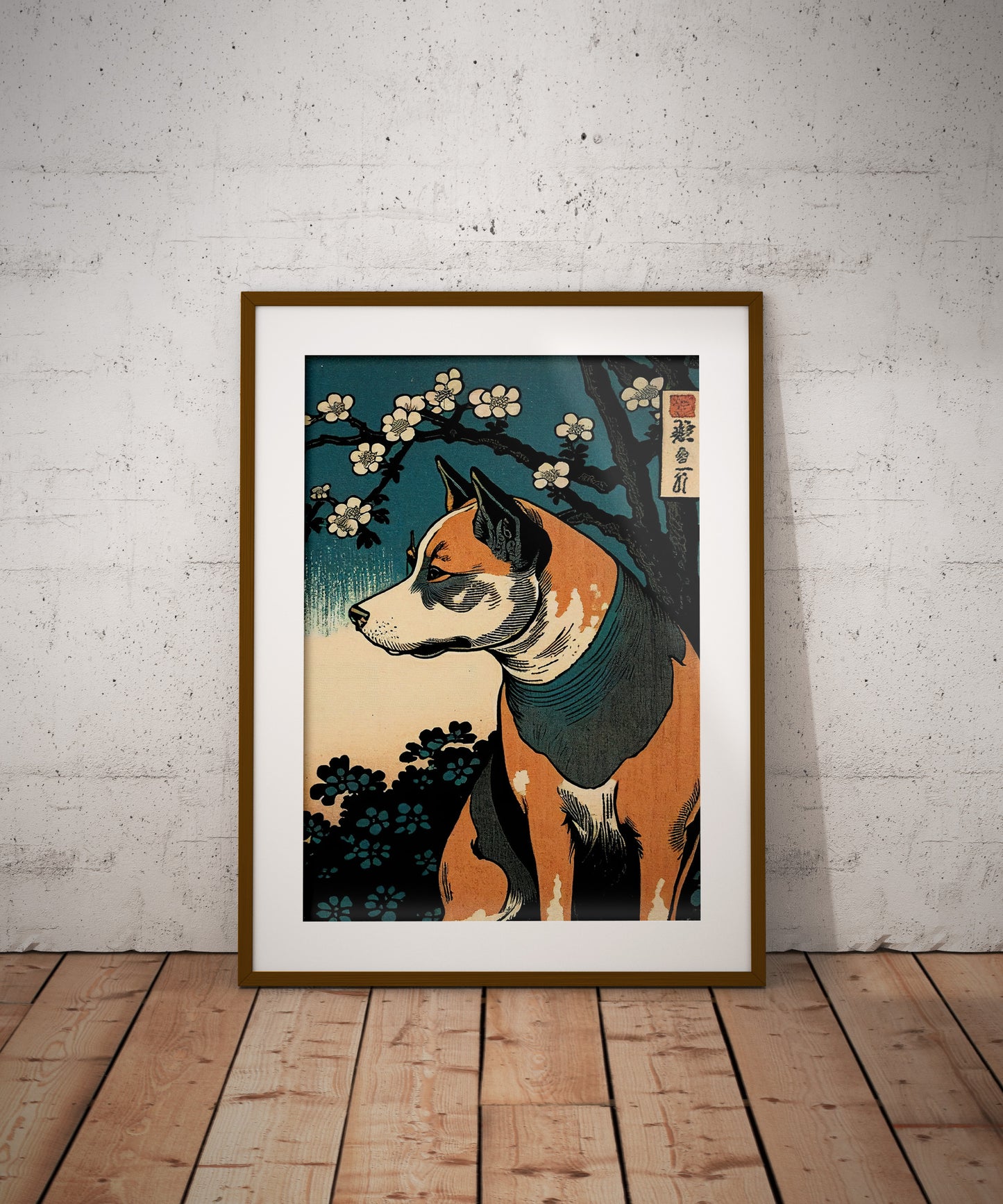 Poster chien art japonais, cadre bois foncé et passe-partout, posé au sol contre un mur de briques