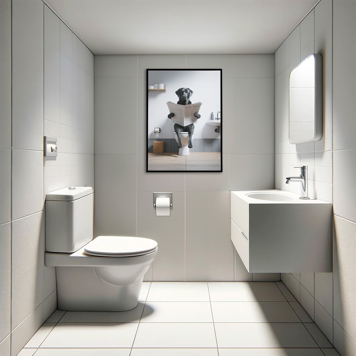 Poster labrador noir lisant le journal en cadre noir au-dessus d'un WC suspendu, toilettes carrelées