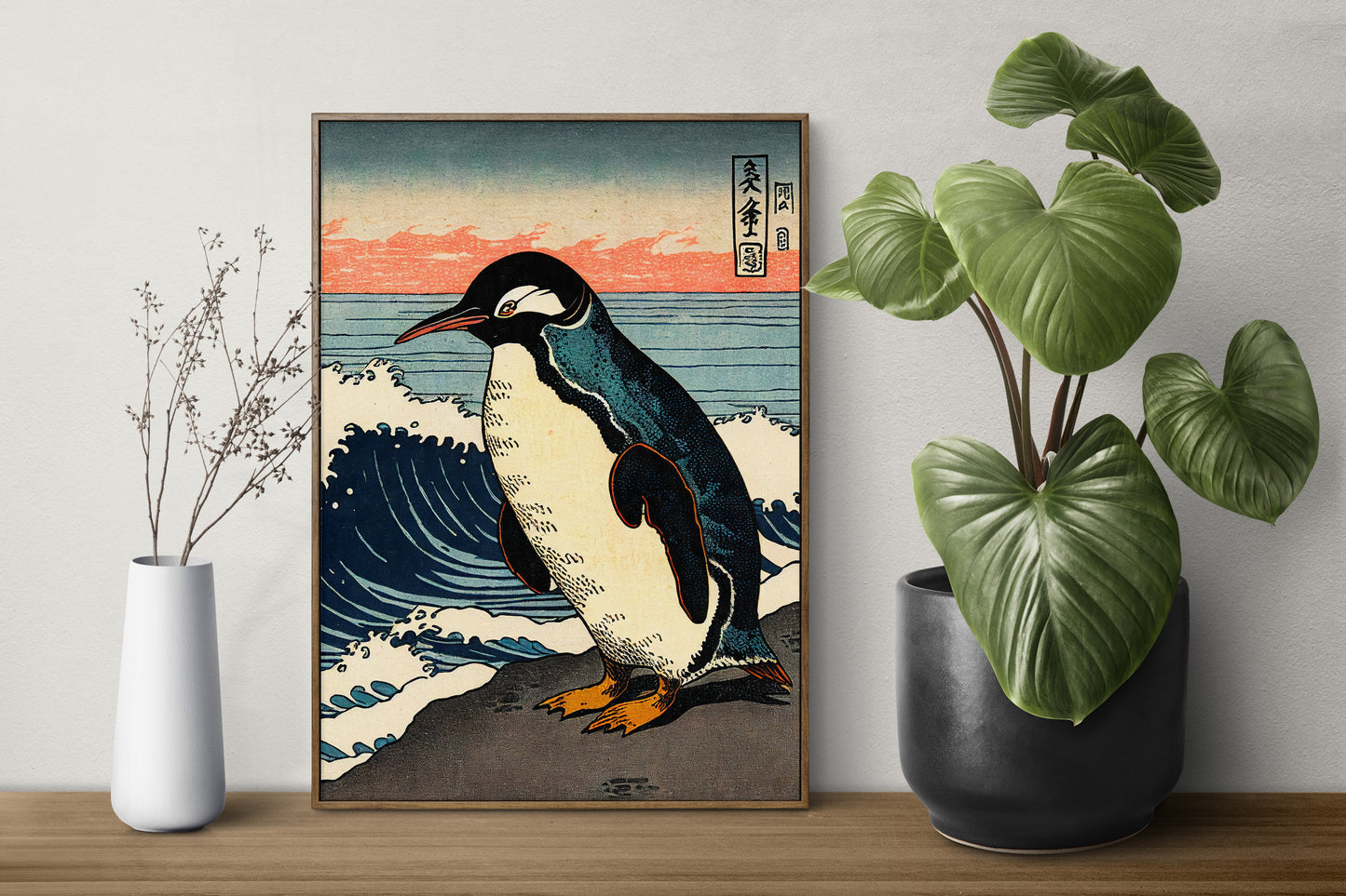 Affiche Pingouin Ukiyo-e Japonaise | Poster Art mural déco intérieur | Illustration décoration murale Japonais