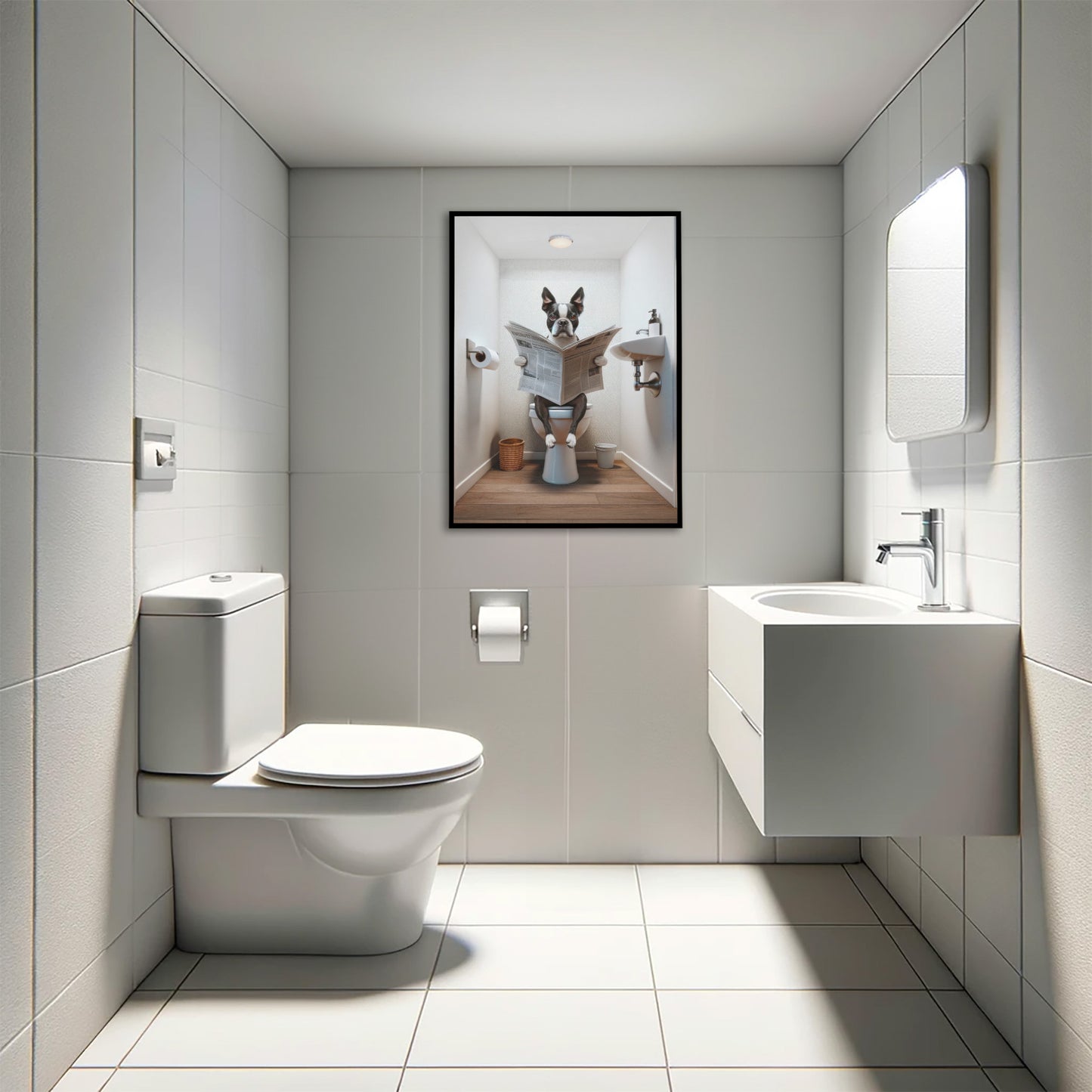 Poster Humoristique Boston Terrier, Déco WC, Cadre Salle de Bain, Art Mural, Cadeau Original Toilettes