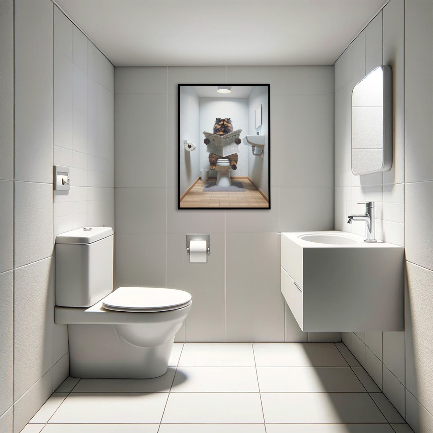 Affiche chat Persan écaille de tortue en cadre noir accroché au-dessus d'un WC suspendu, toilettes blanches