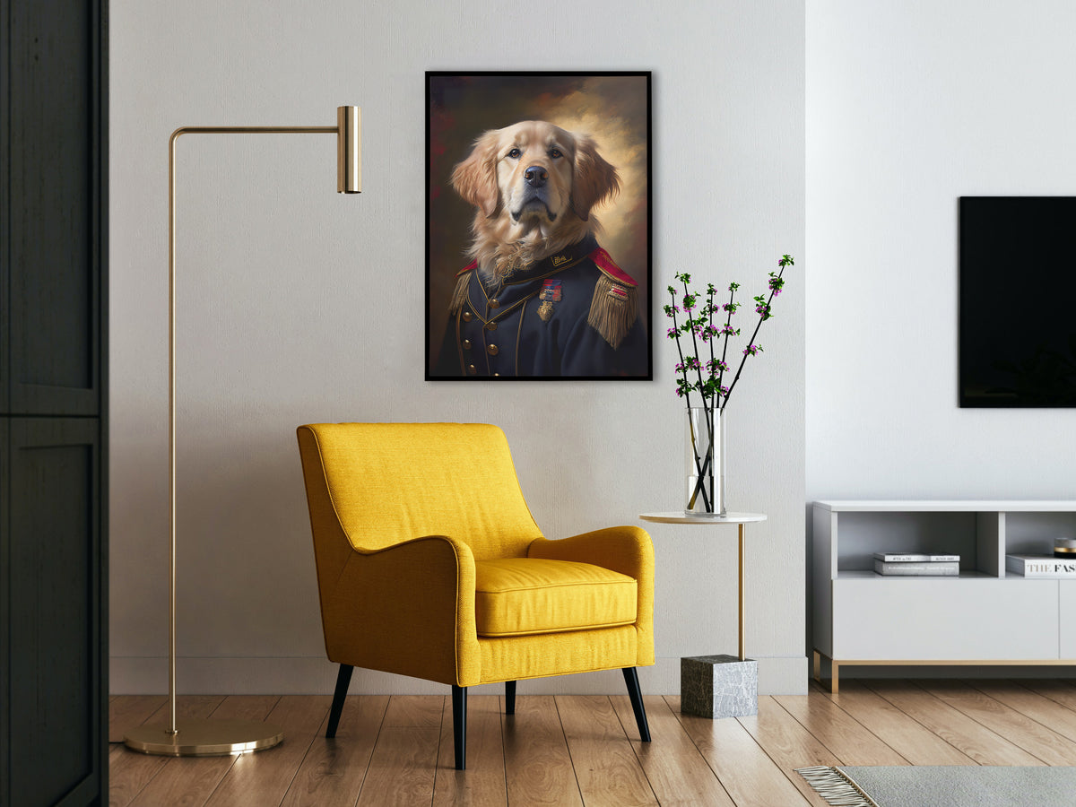 Golden Retriever in military uniform poster in a black frame above a yellow armchair and a brass floor lamp