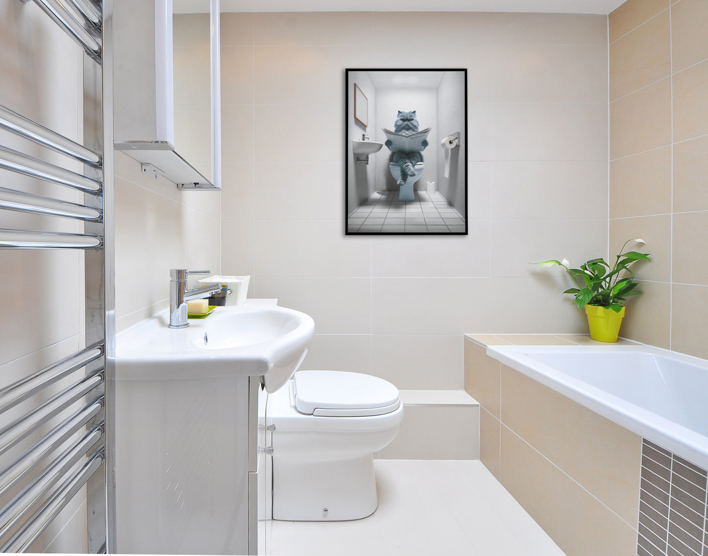 Affiche Murale Chat Persan Bleu Lisant aux Toilettes, Décoration Humour WC & Salle de Bain, Cadeau Original pour Amateurs de Chats