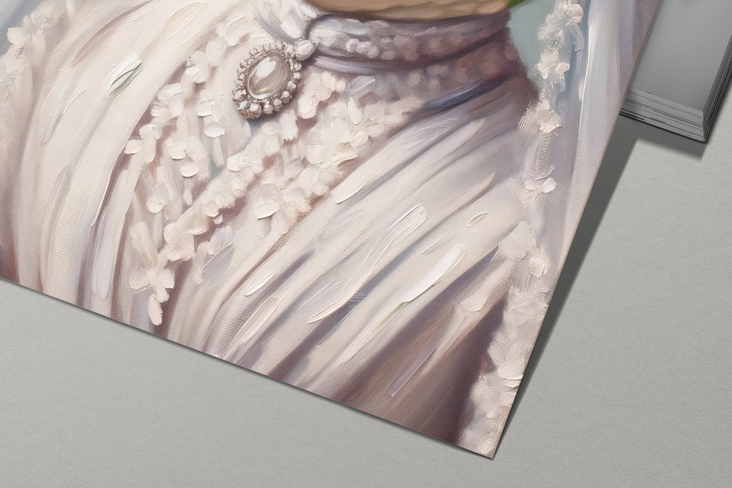 Detail of the frog in wedding dress poster: blush white dress with tiny flowers and a brooch