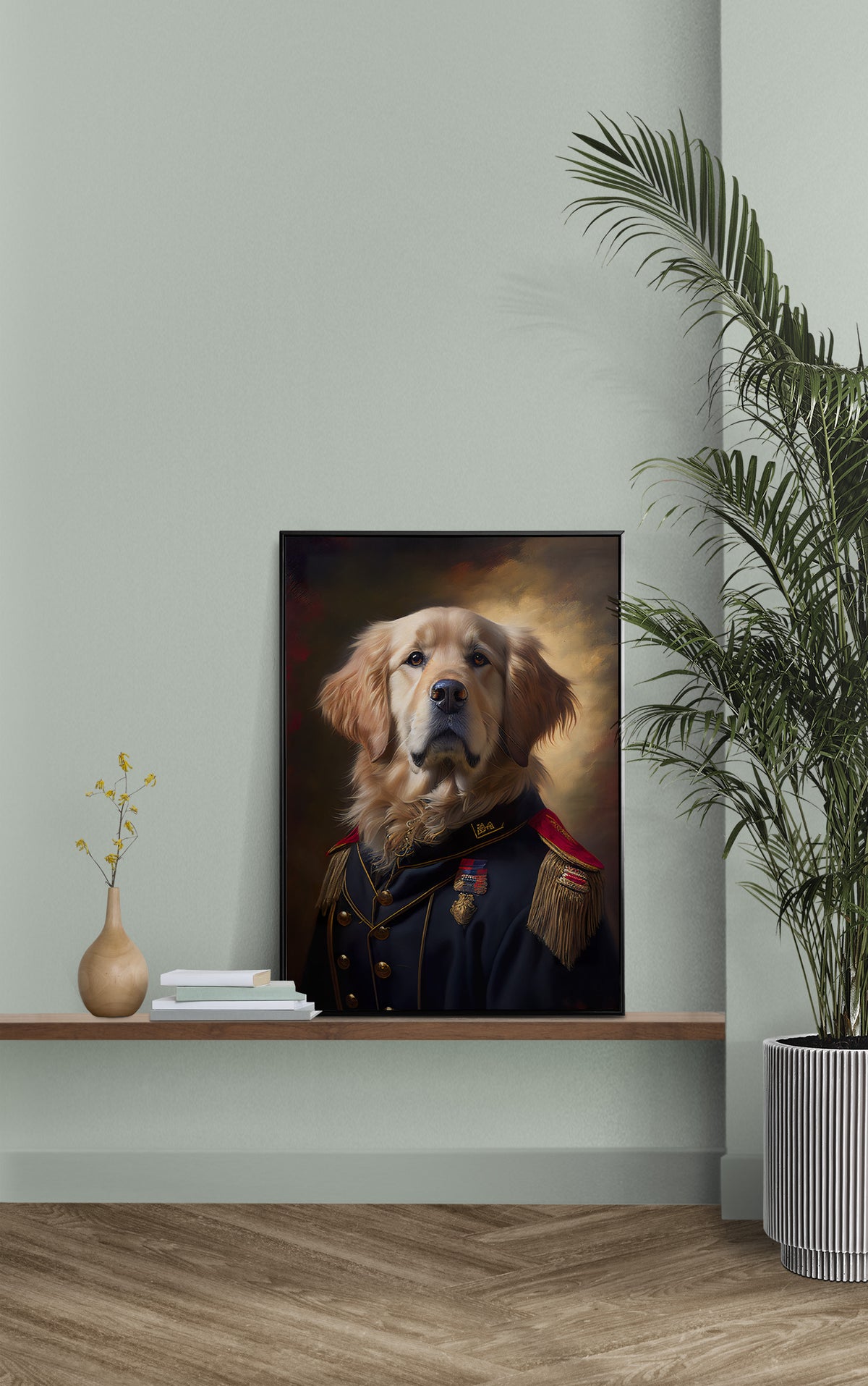Golden Retriever officer poster on a wall shelf against a sage green wall with a potted palm