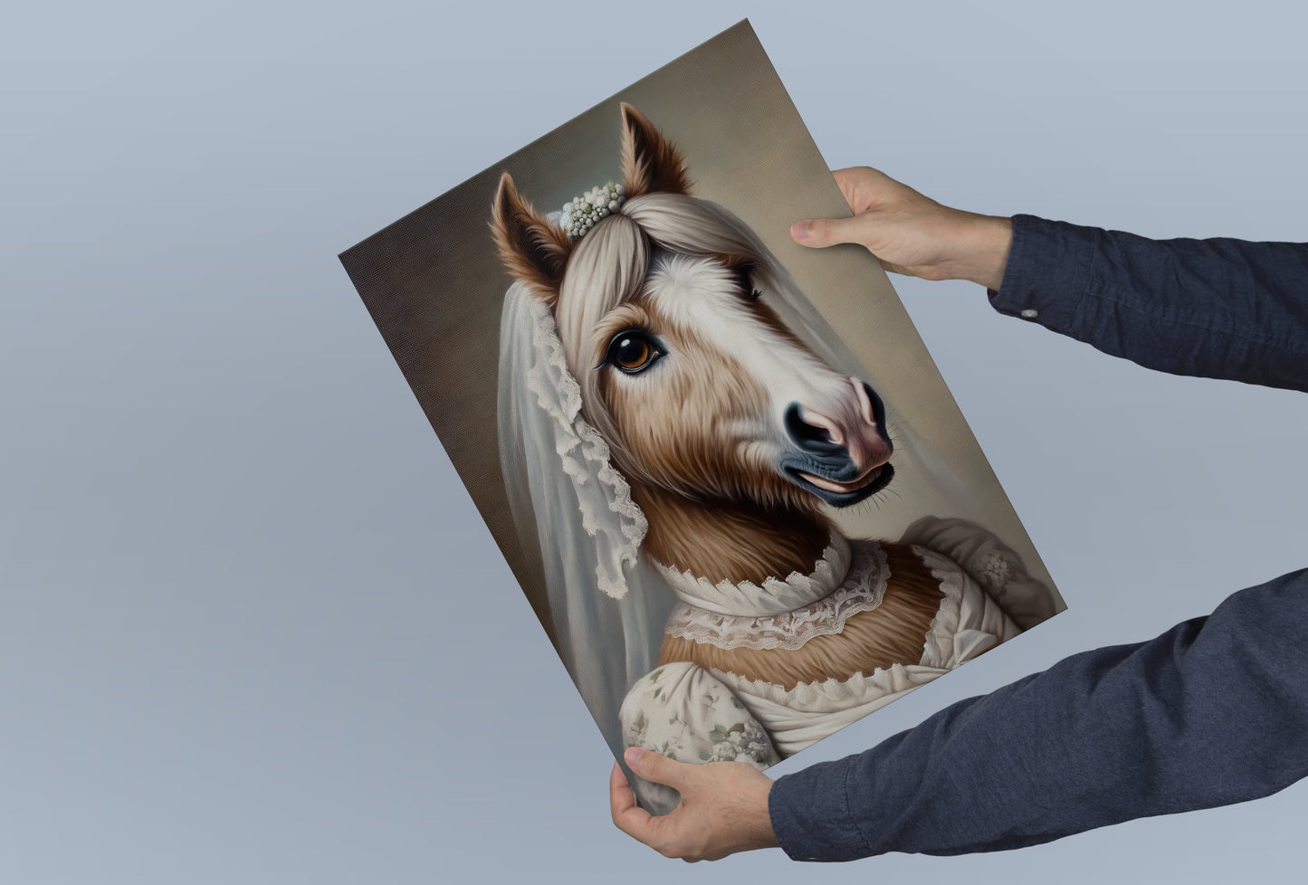 Mare bride poster held in both hands against a blue-gray background