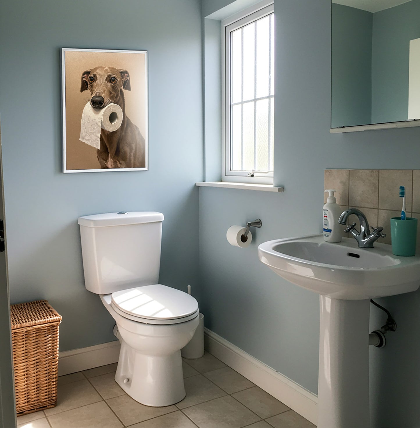 Poster lévrier au papier toilette en cadre blanc sur un mur bleu clair, près d'une fenêtre