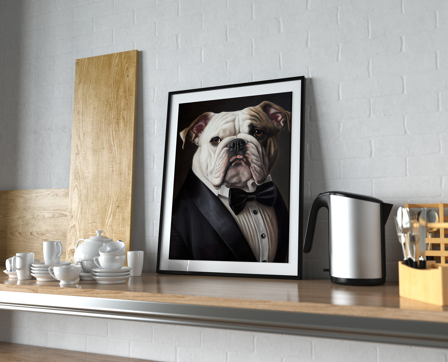 English bulldog in a tuxedo poster, black frame with white mat on a kitchen shelf next to a kettle