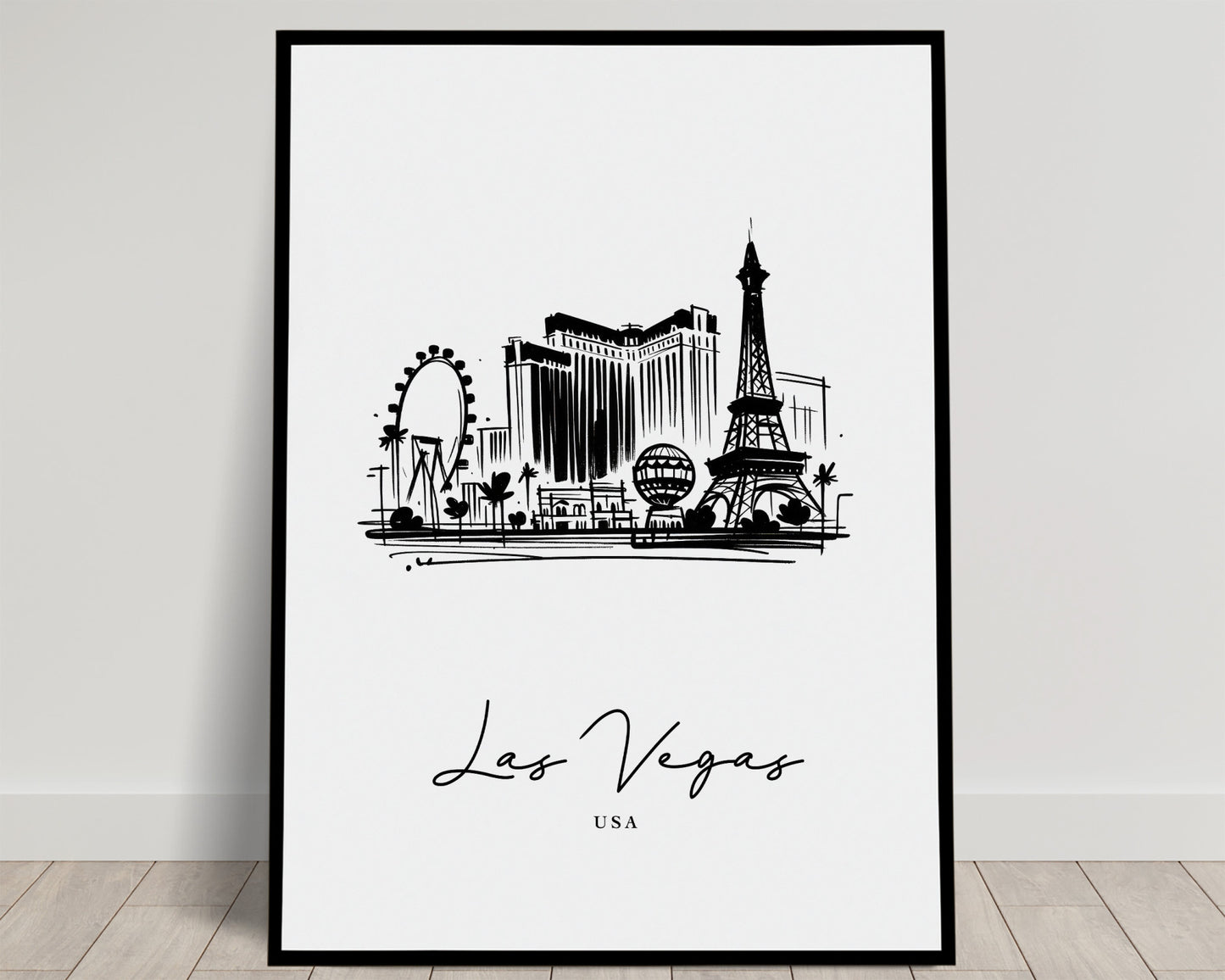 Croquis à l'encre du Strip de Las Vegas : grande roue, hôtels, tour Eiffel et montgolfière, poster Balthazart Studio