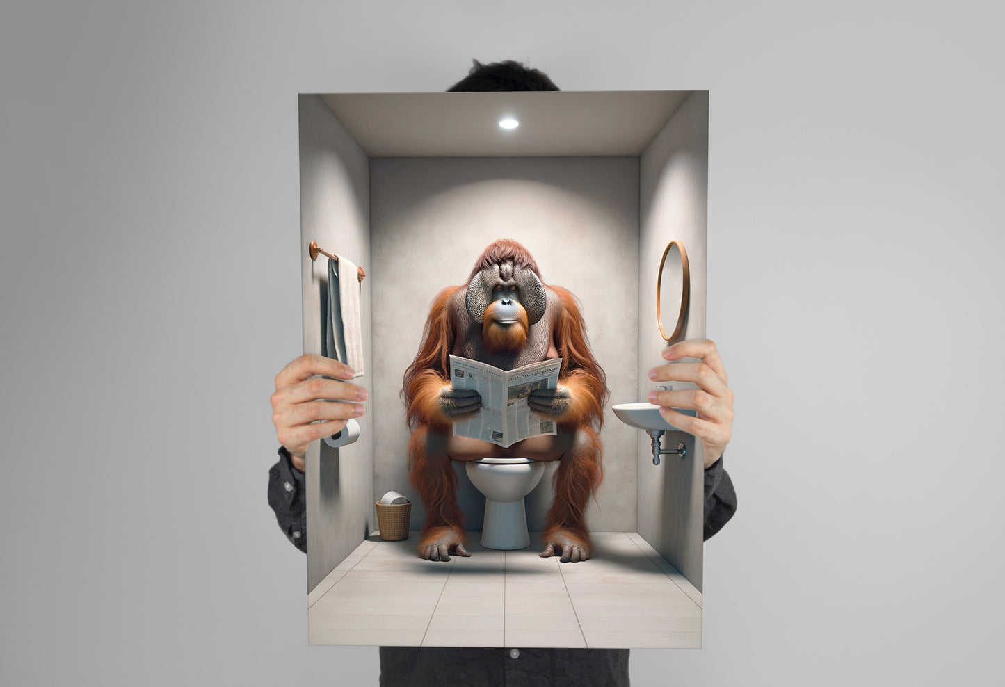 Poster Orang-outan lisant le journal sur toilettes, Décoration humoristique WC, Cadre salle de bain, Art mural drôle, Cadeau original