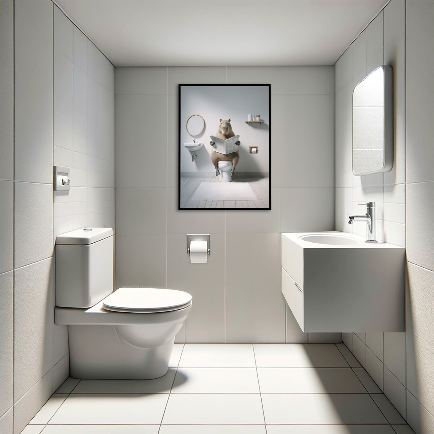 Poster capybara lisant le journal aux toilettes en cadre noir au-dessus d'un WC suspendu, toilettes carrelées