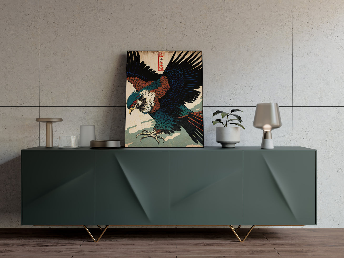 Poster aigle japonais ukiyo-e posé sur un buffet vert sapin, mur beige texturé