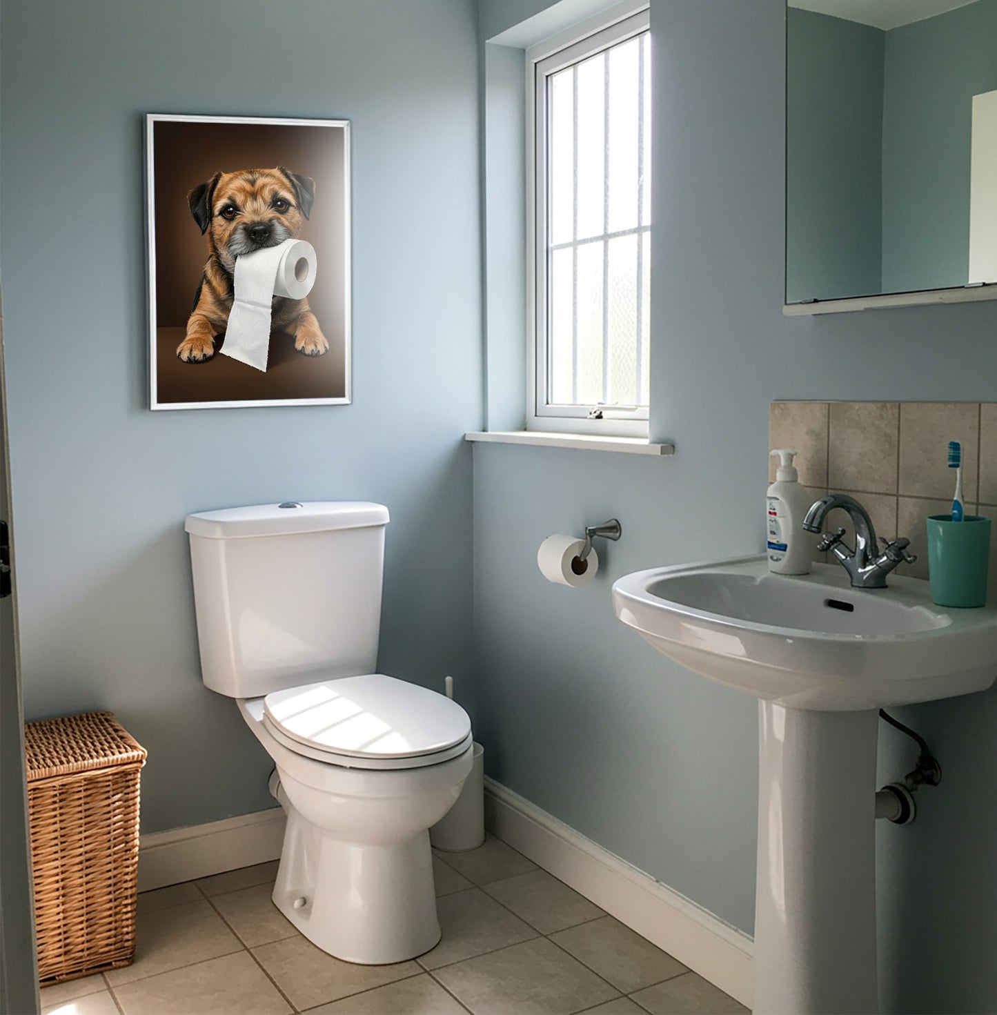 Poster Border Terrier au papier toilette encadré sur un mur bleu, près d'une fenêtre