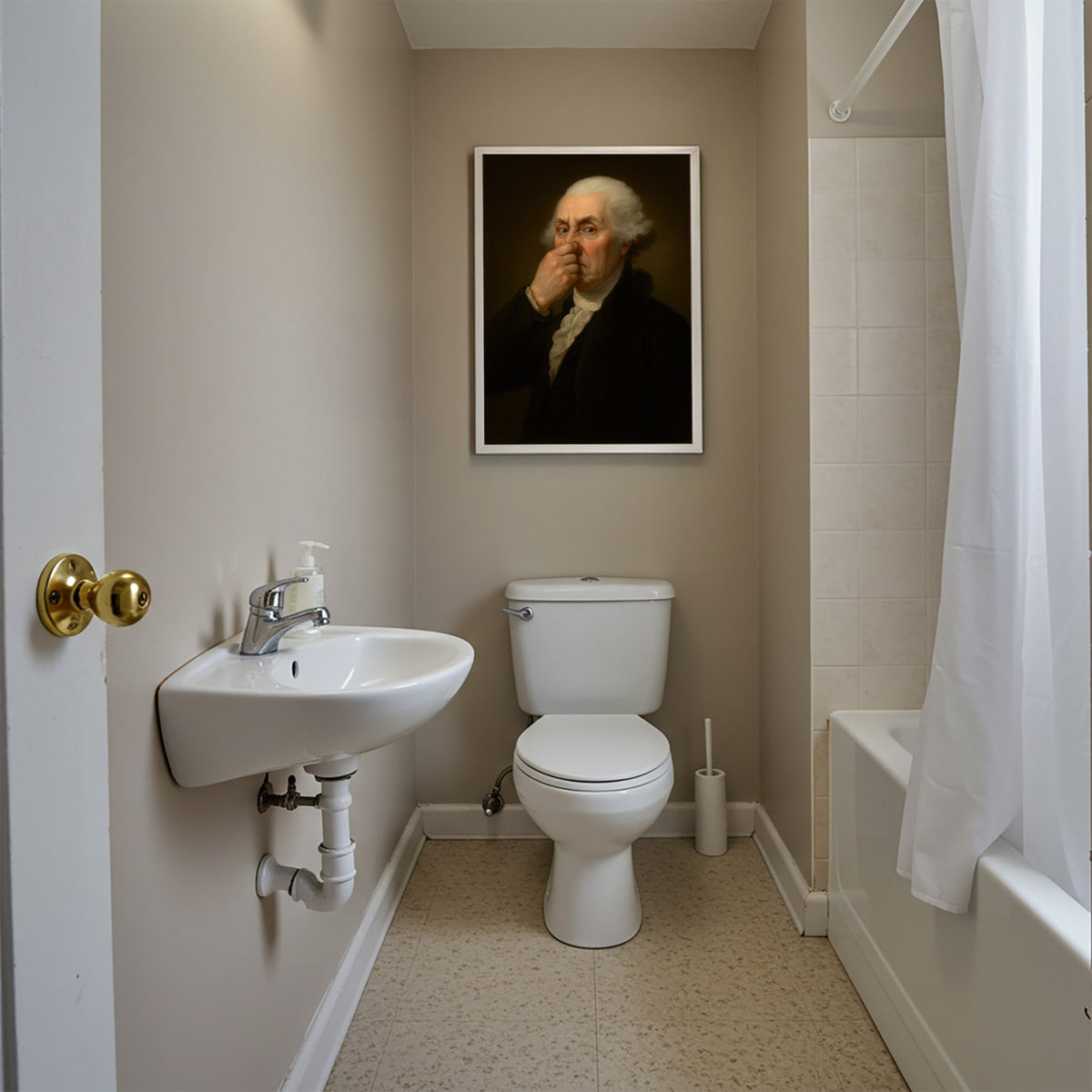 Salle de bain beige et rideau de douche, poster Washington qui se pince le nez en cadre blanc au-dessus des WC