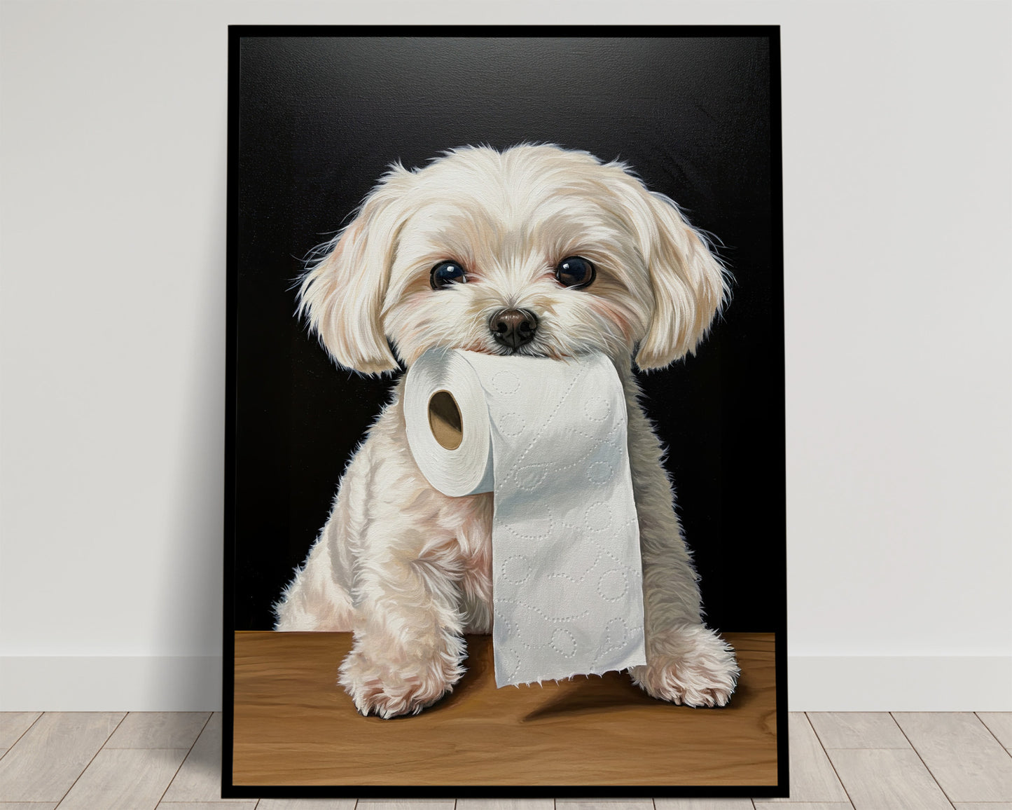 White Maltese sitting on a wooden table with toilet paper in its mouth, black background, funny bathroom poster