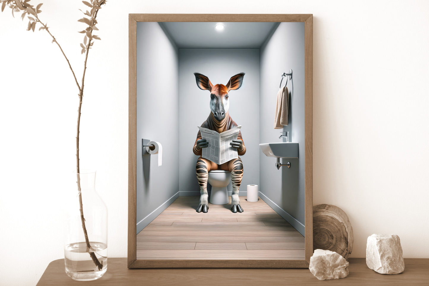 Poster okapi aux toilettes, cadre en bois posé sur une étagère près d'un vase à branche séchée